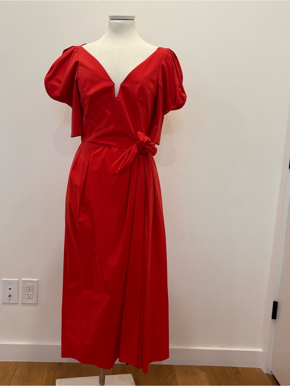 NWT Rosie Assoulin Poppy Red Poplin Puff Sleeve Dress 6